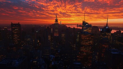 A panoramic view of NYC at sunset, with a glowing sky, silhouetted skyscrapers, and city lights beginning to twinkle.