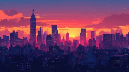 Obraz premium A panoramic view of NYC at sunset, with a glowing sky, silhouetted skyscrapers, and city lights beginning to twinkle.