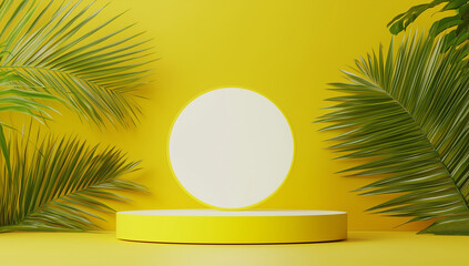 Fototapeta premium Minimalist Yellow Background with Pedestal and Palm Leaves