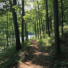 Fototapeta premium A peaceful trail winding through the dense forest of D.L. Bliss State Park, leading to breathtaking lake views