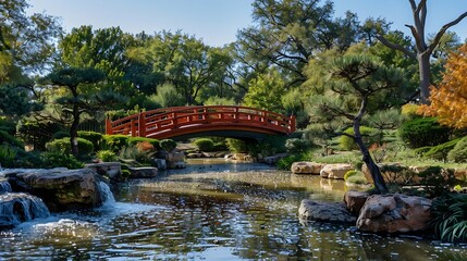 Naklejka premium Daytime view of the Japanese garden of Amarillo Botanical Gardens at Texas : Generative AI