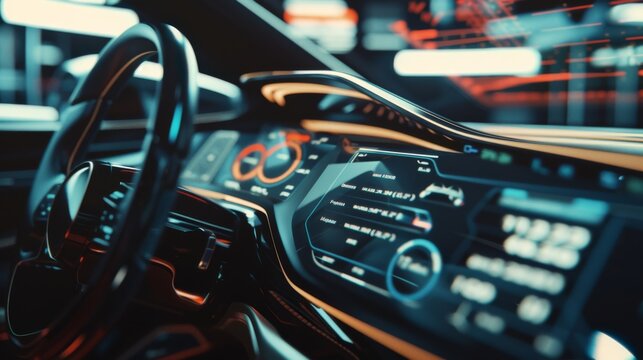A futuristic car dashboard with neon lights, sleek designs, and digital displays evokes a high-tech driving experience.