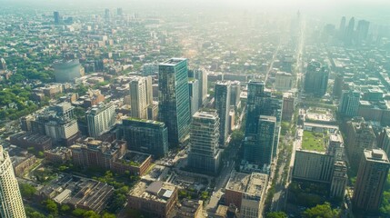 Fototapeta premium Aerial view of a bustling urban landscape with modern buildings and green spaces.