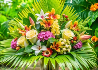 Vibrant tropical flower arrangement featuring orchids, lilies, and other colorful blooms in a vase, showcasing nature's beauty with diverse shapes and radiant colors.