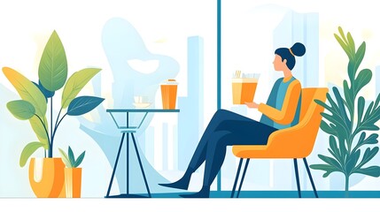 Woman Enjoying Takeout Lunch in Modern Office