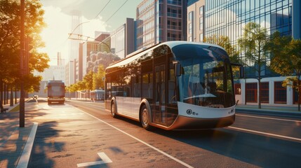 Obraz premium A sleek, modern city bus travels along a sunny urban street lined with trees and contemporary buildings, showcasing the future of public transportation.