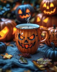 Halloween decoration with coffee cup and autumn theme. Generative Ai