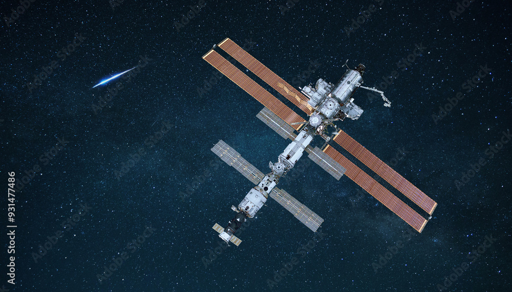 Poster iss space station flies in starry space and explores deep space. space mission and iss. communicatio