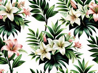 Beautiful seamless floral pattern featuring gorgeous 3D amaryllis flowers with delicate pink lilies and lush greenery on a soft white background.