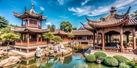 Fototapeta premium Serenely beautiful traditional Chinese garden featuring intricately carved wooden pavilions, ornate lanterns, and vibrant greenery amidst tranquil waters and majestic stone sculptures.