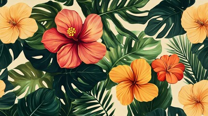 Pattern of tropical flowers in bright colors with lush green leaves on a light background