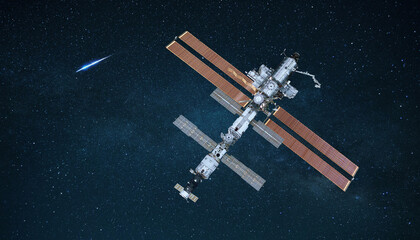 ISS space station flies in starry space and explores deep space. Space mission and ISS. Communication and technology. Science, concept