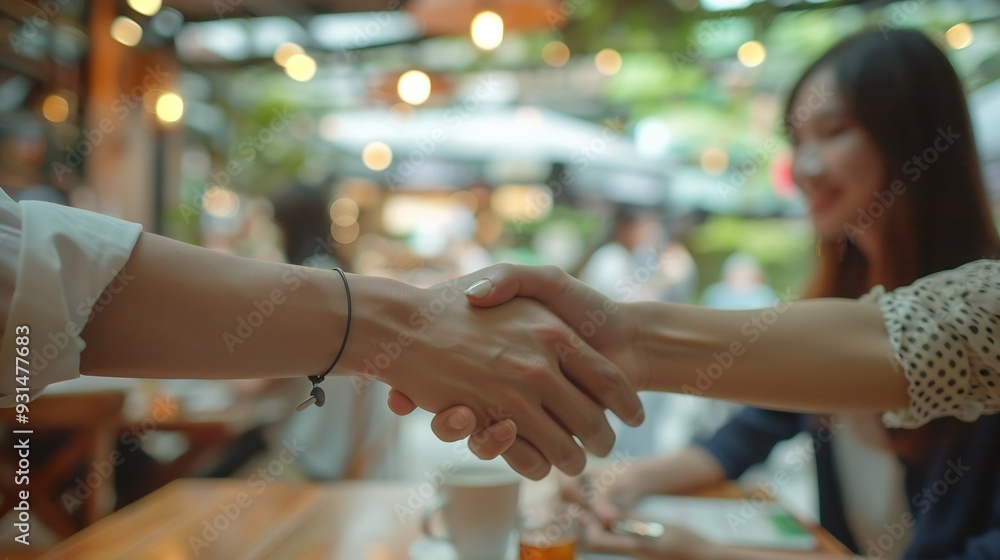 Poster Business people meeting and handshake at cafe for introduction onboarding and remote work opportunity B2b worker or clients shaking hands at coffee shop of group project deal interview : Generative AI