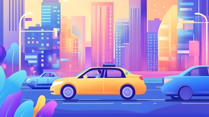 Yellow Car Driving Through Colorful Cityscape