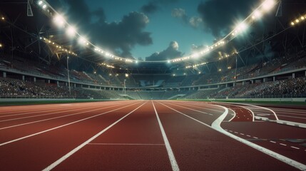 An expansive, illuminated track field under a dramatic evening sky, preparing for a major athletic event.