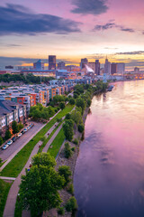Saint Paul, Minnesota, USA. Aerial cityscape image of downtown St. Paul, Minnesota, USA with reflection of the skyline in Mississippi River at beautiful summer sunrise.