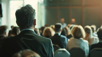 Obraz premium An elegantly dressed man stands in the background, observing a business conference with an attentive audience, bathed in warm light.