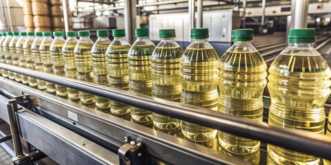 Golden sunflower oil bottles move steadily along a conveying system, their transparent bodies and green caps aligned in a sleek, industrial production line scenario.