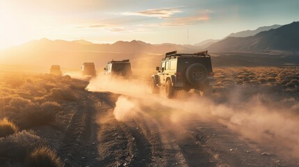 Fototapeta premium Vehicles drive through a dusty path in a vast, open landscape against a backdrop of distant mountains and a setting sun, evoking adventure.