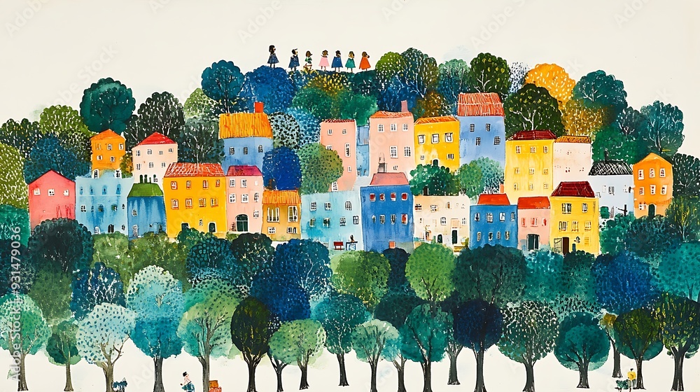 Wall mural Colorful Houses and Trees Watercolor Illustration.