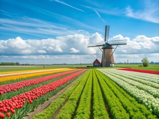 Vibrant tulip field stretches towards a rustic traditional windmill standing tall amidst a serene natural landscape on a sunny spring day in Holland.