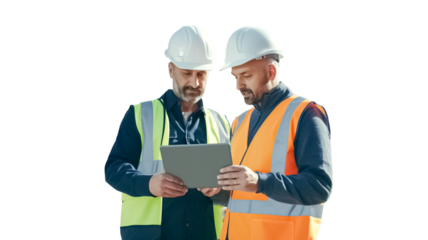 Construction worker engineer architect team at work with tablet pc isolated on transparent background. 
