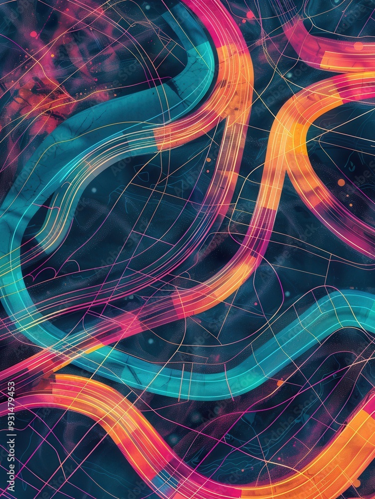 Aufkleber Colorful, abstract lines crisscross a stylized map, symbolizing connectivity and dynamic routes for logistics and transportation planning. Generative AI