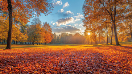 Fototapeta premium Beautiful autumn landscape. Colorful maple leaves on the ground. Defocused image, bokeh background.