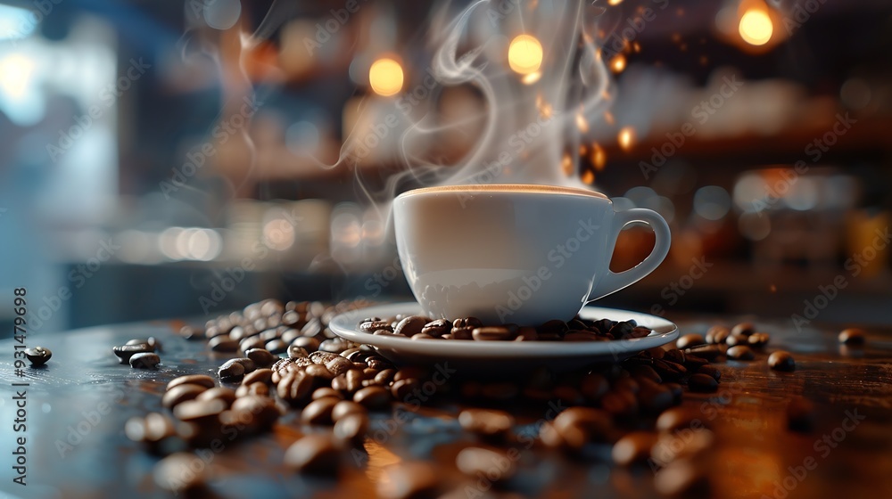 Poster steaming coffee in cup and roasted beans on table : generative ai