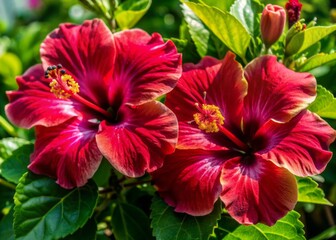 Obraz premium Vibrant red hibiscus flowers with delicate petals and prominent centers isolated on transparent background, showcasing exotic beauty and tropical essence in high definition.