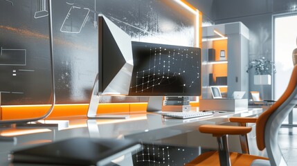 A sleek, modern workspace with a high-definition computer monitor displaying a futuristic interface, illuminated by vibrant orange and white lighting.