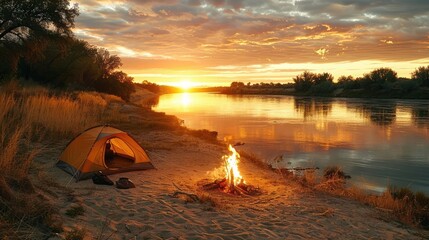A_campsite_with_a_tent_and_campfire_on_a_sandy_rive