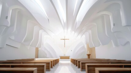 Fototapeta premium A stunning modern chapel interior with white, sculpted walls and wooden pews, illuminated by soft, ethereal light.