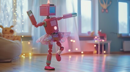 A charming red robot dressed in a pink tutu gracefully dances in a brightly lit room adorned with fairy lights and whimsical decorations.