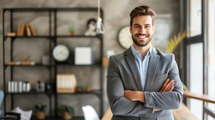 Fototapeta premium Smiling handsome businessman with crossed arms in modern office, young man exuding confidence, business success concept.