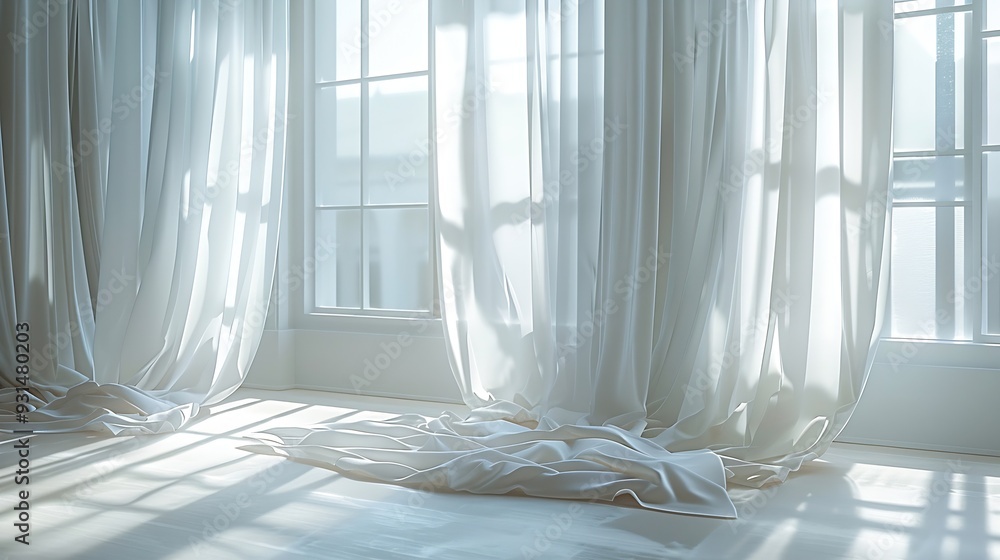Poster backlit window with white curtains in empty room : generative ai