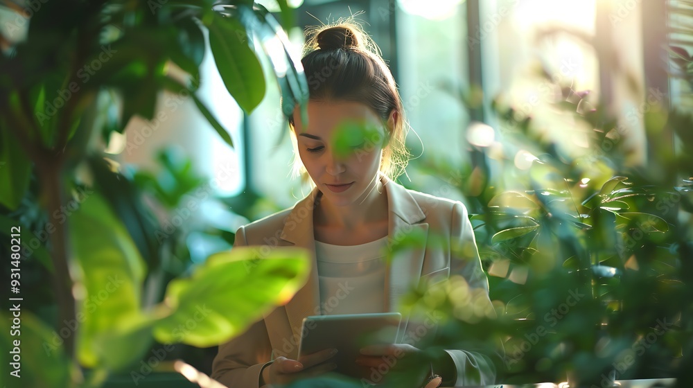Poster a focused woman in business attire efficiently works on a tablet in a modern sunlit office space wit