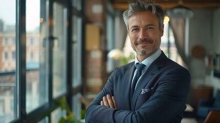 Fototapeta premium Portrait of successful businessman inside office in business suit man with crossed arms smiling and looking at camera experienced financier boss near window investor : Generative AI