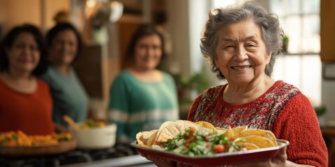 Naklejka premium A woman is smiling and holding a tray of food. She is surrounded by other women, and they are all smiling. Scene is happy and friendly