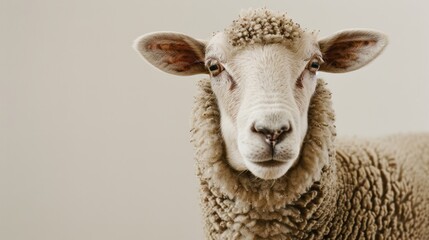 Fototapeta premium A sheep with a calm demeanor and well-groomed wool stands against a clean, pale background, evoking tranquility.