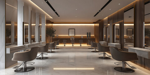 A salon with a lot of chairs and a large mirror. The salon is very clean and well-lit
