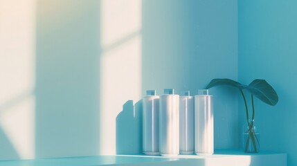Obraz premium Three minimalistic bottles stand in a sunlit, pastel-toned setting, with soft shadows creating a tranquil and aesthetically pleasing scene.