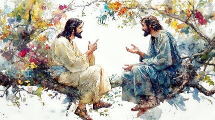 Watercolor Painting of Jesus and a Disciple in Conversation.