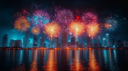 Fototapeta premium Spectacular Fireworks Display Illuminating the Night Sky Over a Modern City Skyline, Celebrating Special Occasions and Milestones in a Vibrant Urban Setting