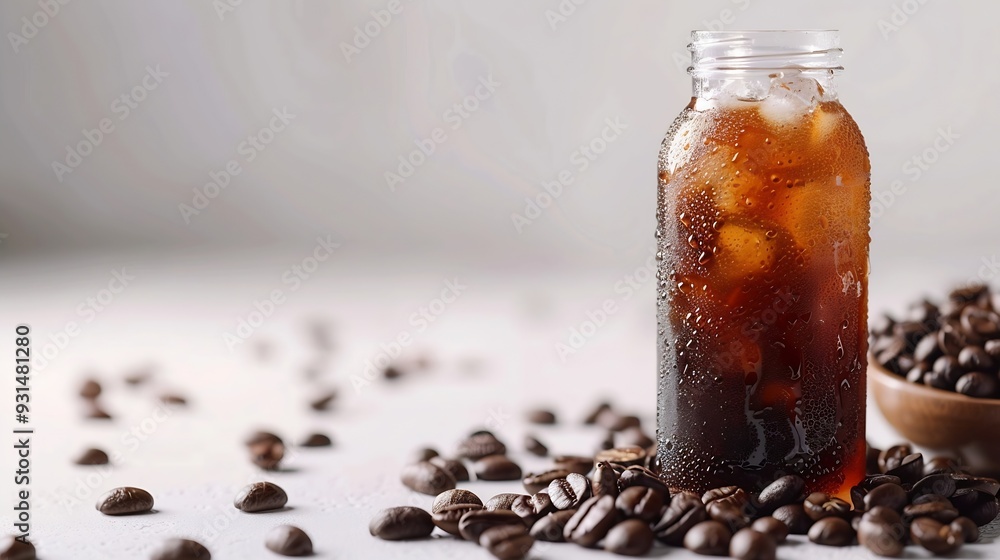Poster americano ice coffee and coffee bean out of bottle on white background with isolate concept : genera