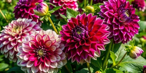 Vibrant dahlia flowers with intricately layered petals in shades of pink, purple, and white bloom in a lush garden, exuding elegance and natural beauty.