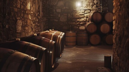 Rows of wooden barrels age wine in a dimly lit, stone-walled cellar, evoking the tradition and serenity of winemaking.