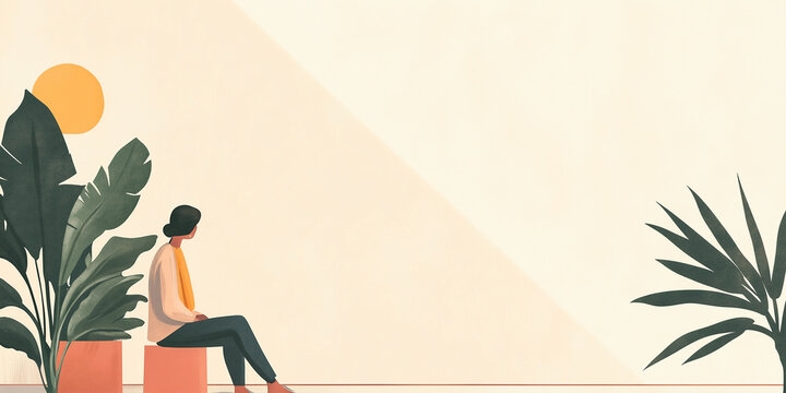 Person relaxing in a serene plant-filled space impersonal  copy space