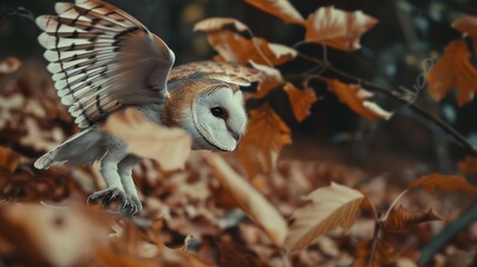 A graceful barn owl in mid-flight, navigating through a forest scene filled with fallen leaves and the warm hues of autumn.
