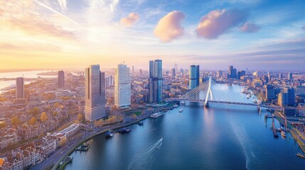 Fototapeta premium Bird-eye view of Rotterdam's skyline with the Erasmus Bridge, modern architecture, and bustling harbor.